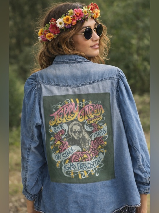 Handmade Tops - Custom Upcycled Jerry Garcia Graphic Tee On A Flowy Denim Shirt size XL OOAK